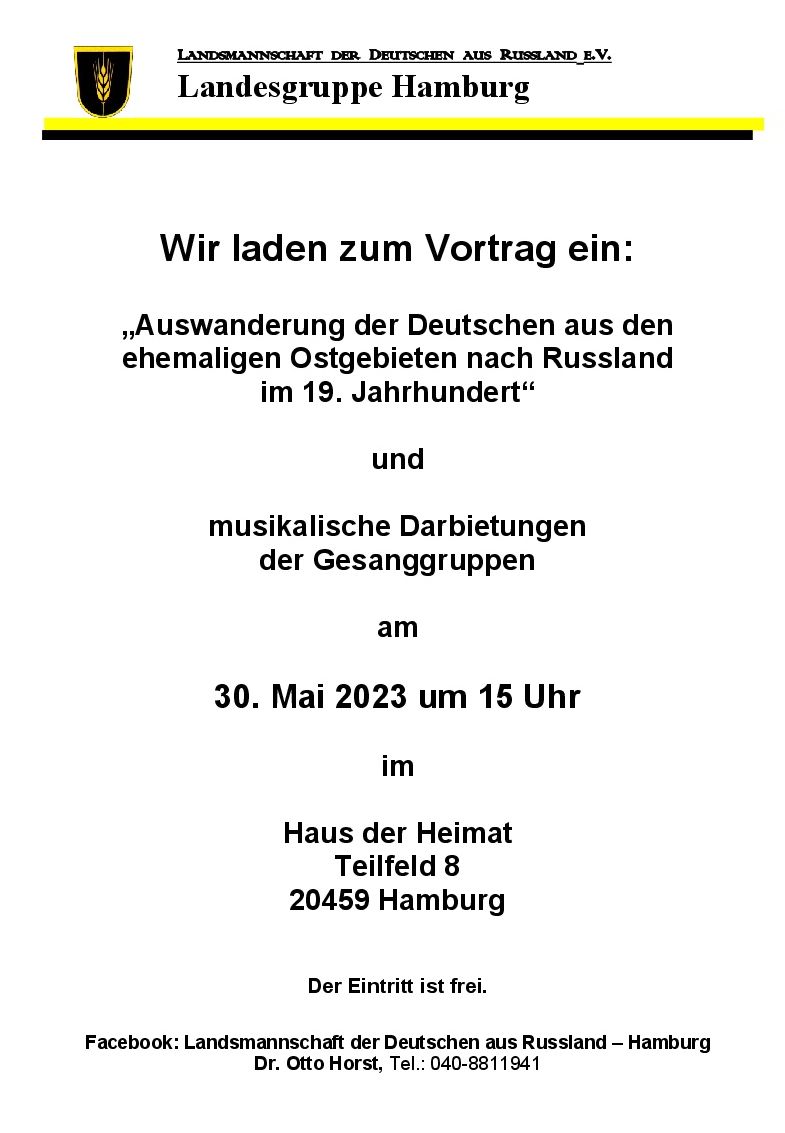 Einladung zum Vortrag und Gesang am 30.5.2023